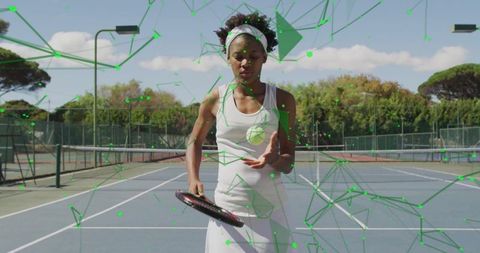 Tennis Player Serving on Hardcourt with Digital Technology Overlay