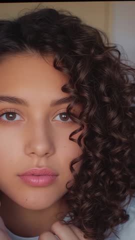 Vertical close-up: young woman tucking curl, raising hand and gazing softly in natural light