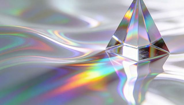 Iridescent crystal prism casting rainbow caustics on silky reflective surface