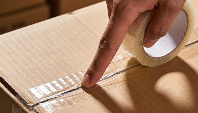 Sealing cardboard parcel with clear tape close-up, finger pressing seam for shipping