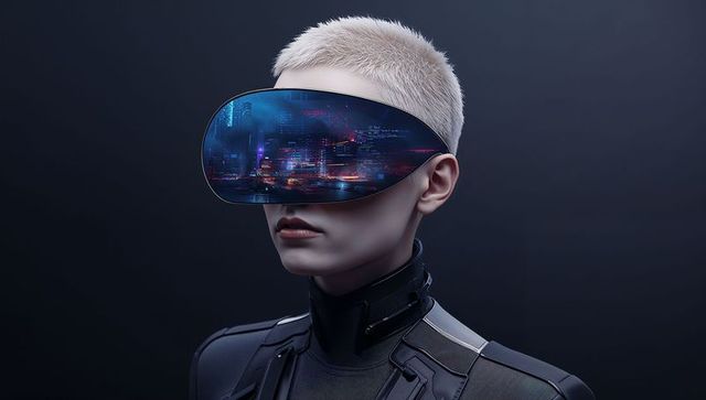 Futuristic cyberpunk portrait with curved visor reflecting neon cityscape, androgynous model
