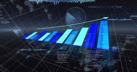 Displaying financial growth with futuristic 3d bar chart, neon analytics and data grid