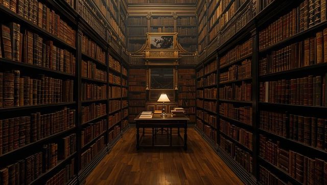 Vintage Library Interior Leatherbound Books, Brass Desk Lamp and Gilded Mezzanine
