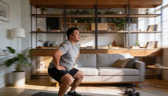 Asian man squatting during home workout in bright minimalist living room with kettlebell