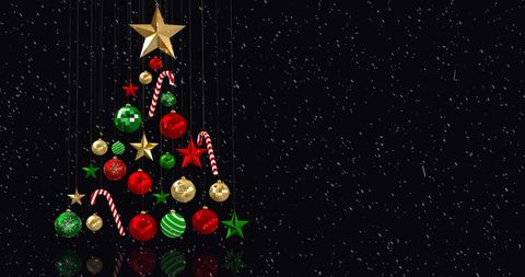 Digital Baubles Christmas Tree with Falling Snow on Black Background