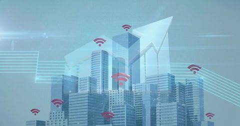 Futuristic cityscape with wi-fi and light trail connectivity