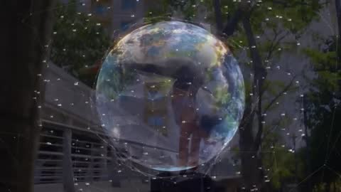 Woman Balancing on Exercise Platform with High-Tech Globe Overlay