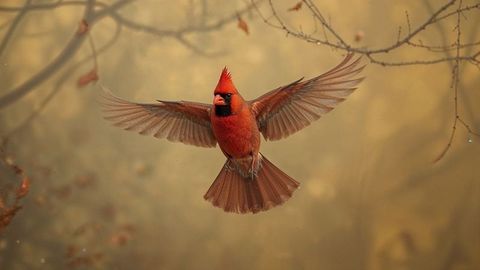 Red Cardinal Spreading Wings in Early Morning Mist
