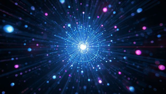 Radiating blue energy core with particle trails and neon bokeh for tech backgrounds