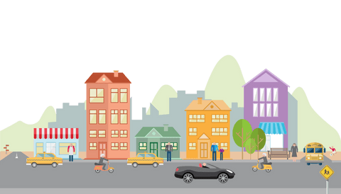 Transparent Cityscape Illustration with Colorful Buildings and Cars