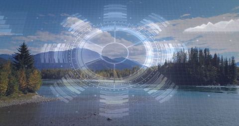 Futuristic Interface Overlake Serene Mountainous Landscape