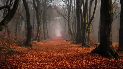 Mystical Forest Pathway in Autumn with Red Leaf Carpet