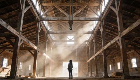 Solitary figure standing beneath hoist inside sunlit timber barn with dust-filled beams