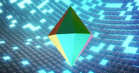 Floating prismatic neon-octahedron reflecting cyan glow over futuristic digital glyph grid