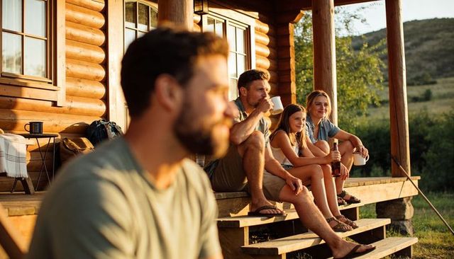 Multigenerational family relaxing on rustic log cabin porch at golden hour outdoors