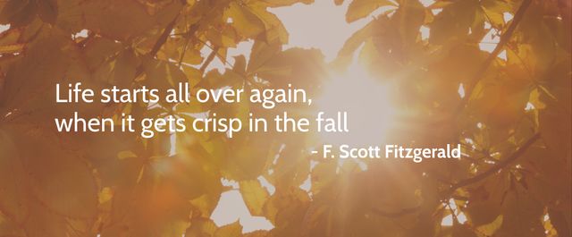 The warm sunlight streaming through the yellow and orange autumn leaves presents an inspiring quote by F. Scott Fitzgerald about fresh beginnings. This vibrant and motivational visual is perfect for use in seasonal marketing campaigns, inspirational blog posts, social media graphics, or greeting cards. The autumn theme radiates positivity and change, making it an ideal choice to convey messages of renewal and personal growth.