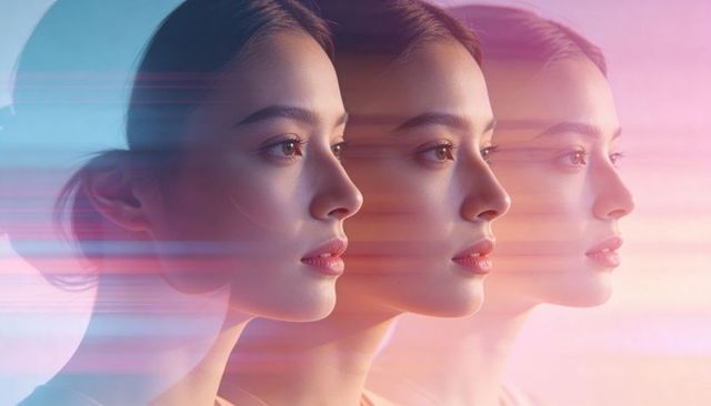 Triptych portrait of asian woman featuring multiple exposure, pastel gels and rim lighting