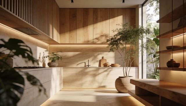 Minimalist warm wood kitchen with stone countertop, matte black faucet and indoor planter