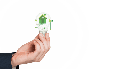 Transparent Hand Holding Eco Lightbulb with Green House Icon