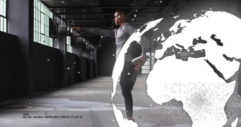 Athlete Balancing in Urban Studio with Digital Globe Overlay