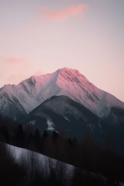Alpenglow bathes a snow-capped mountain at dusk, creating a serene landscape. The soft pink hues contrast with the stark white peaks, emphasizing nature's tranquility.