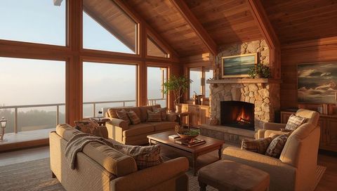 Rustic mountain cabin living room with vaulted wood ceilings and stone fireplace
