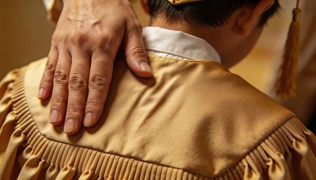 Adult hand comforting child wearing gold graduation gown celebrating school milestone