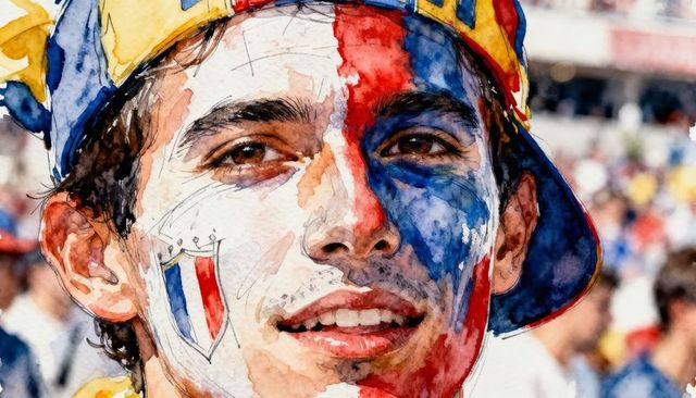 Passionate fan cheering with tricolor face paint and team crest wearing vivid backward cap