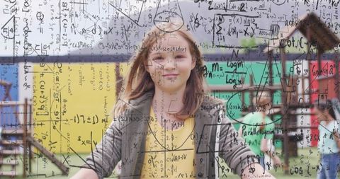 Girl Playing on Playground with Handwritten Math Equations Overlay, STEM Learning Concept