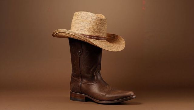 Brown leather cowboy boot with straw cowboy hat