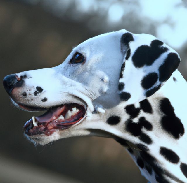 Close up of cute black and white dalmatian dog on blurred background. Nature, animals and dog concept.