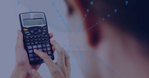 Female hands holding scientific calculator pressing numeric keys for data analysis