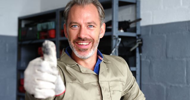 Portrait of mechanic showing thumbs up 4k