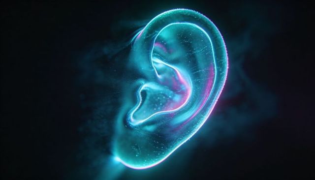 Glowing holographic human ear rotating with neon particles and futuristic cyan-magenta aura