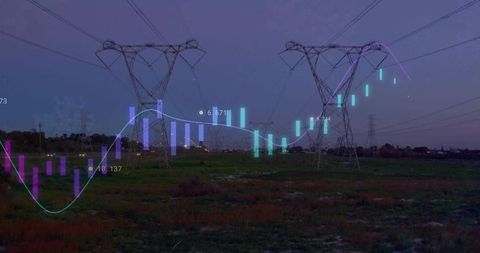 Power lines and data visualization overlay at twilight