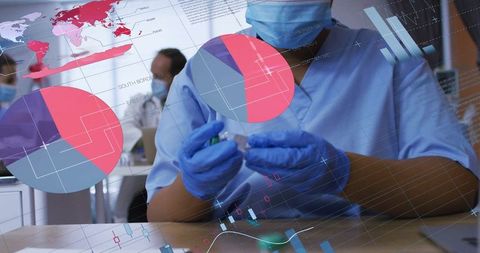 Medical worker preparing syringe with data visualization overlay
