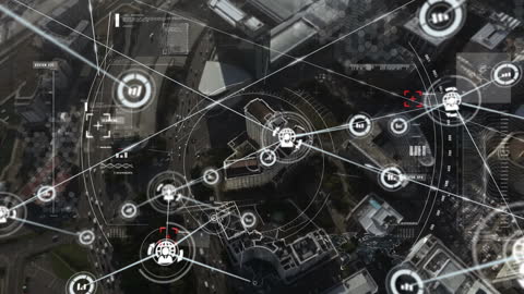 Abstract Digital Network Over Cityscape with Technological Icons