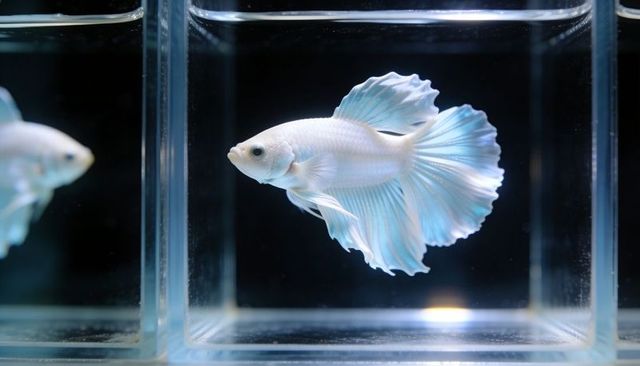 Iridescent pale blue betta splendens displaying flowing halfmoon fins in glass aquarium
