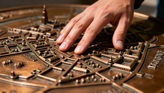 Right hand tracing bronze tactile city map exploring raised relief and historic spires