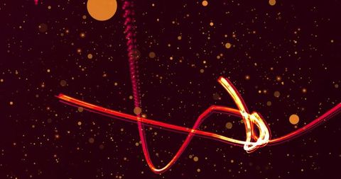Sweeping neon s-curve light trail coiling into golden loop across starry particle field