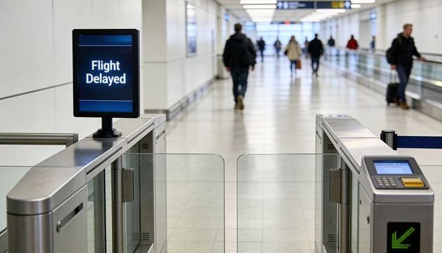 Digital gate display showing Flight Delayed message at airport concourse with travelers
