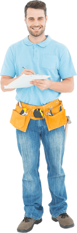 Smiling Carpenter Writing on Clipboard with Tool Belt, Full Body Transparent - Download Free Stock Videos Pikwizard.com