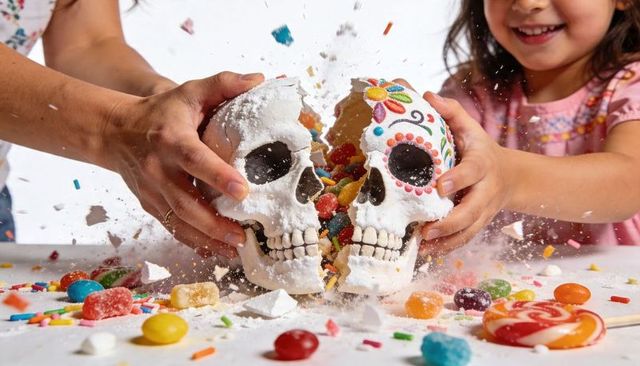 Breaking colorful sugar skulls overflowing with candy during joyful dia de los muertos celebration