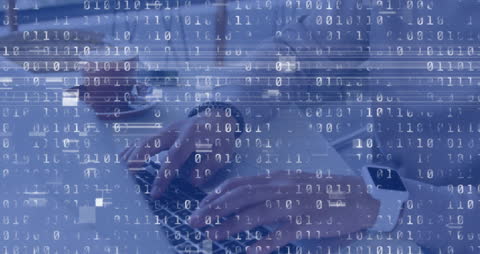 Businessman Typing with Binary Code Overlay, Technology Concept