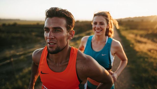 Sunlit Couple Running on Rural Trail at Golden Hour Building Momentum and Fitness