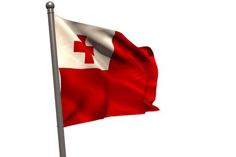 Transparent waving tonga flag on silver flagpole against clear sky