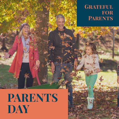 Family enjoying a joyful day in an autumn park, playing with dried leaves and celebrating Parents Day. Perfect for family-focused campaigns, greeting cards, appreciation posts, or promotional materials highlighting family bonds and appreciation.