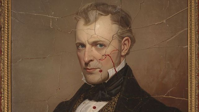 Antique oil portrait 19th-century gentleman with cracked varnish, gilded frame, paint streaks