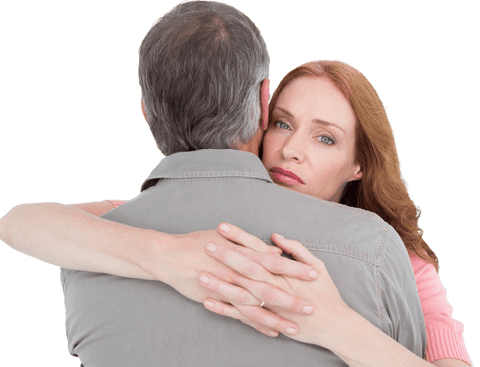 Embracing Couple with Woman Looking Thoughtful Transparent Background