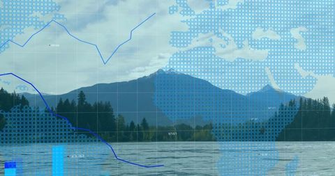 Mountain lake landscape integrating digital interface elements